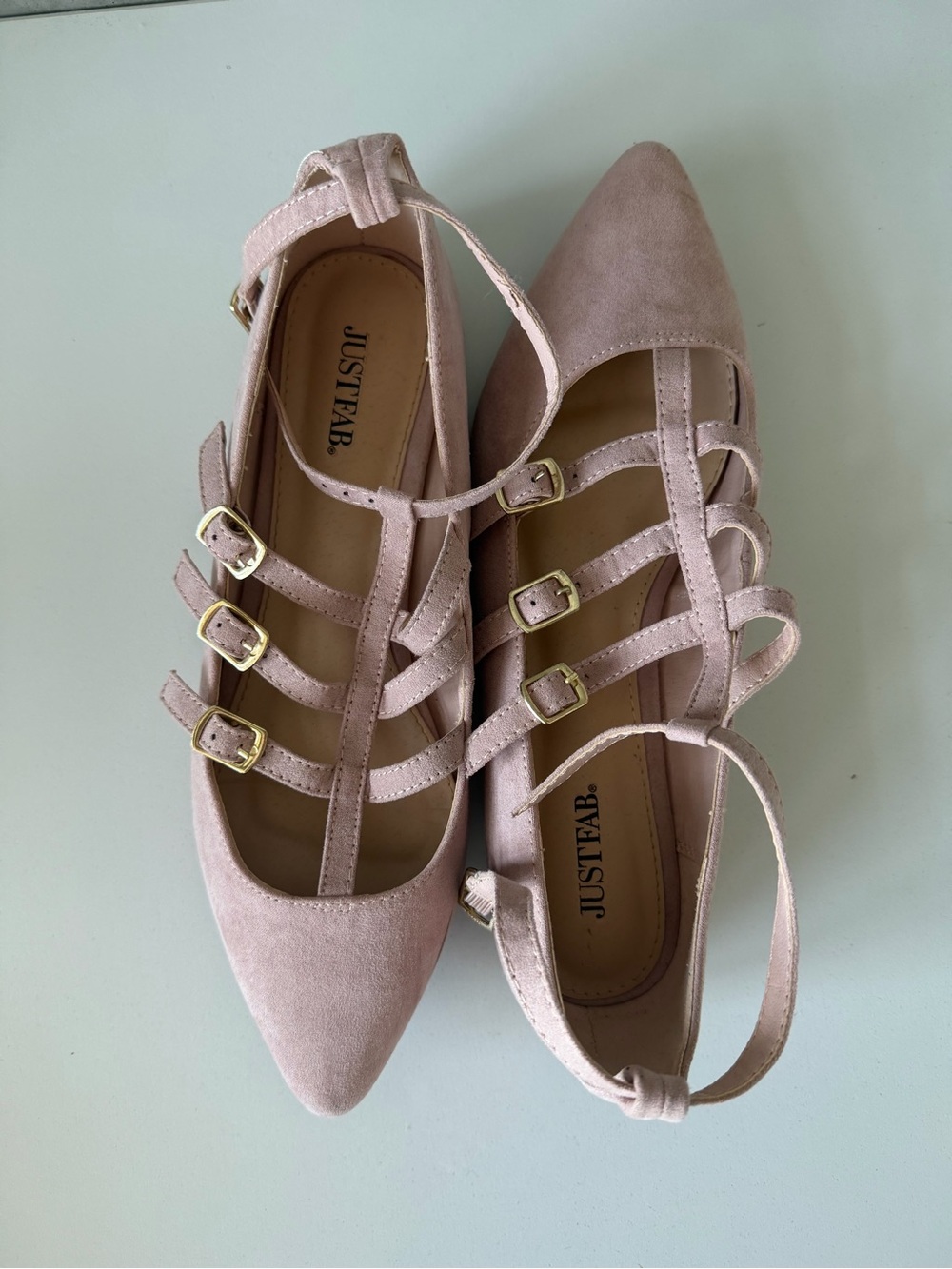 JustFab Blush Strappy Pointed-Toe Flats with Gold Buckles